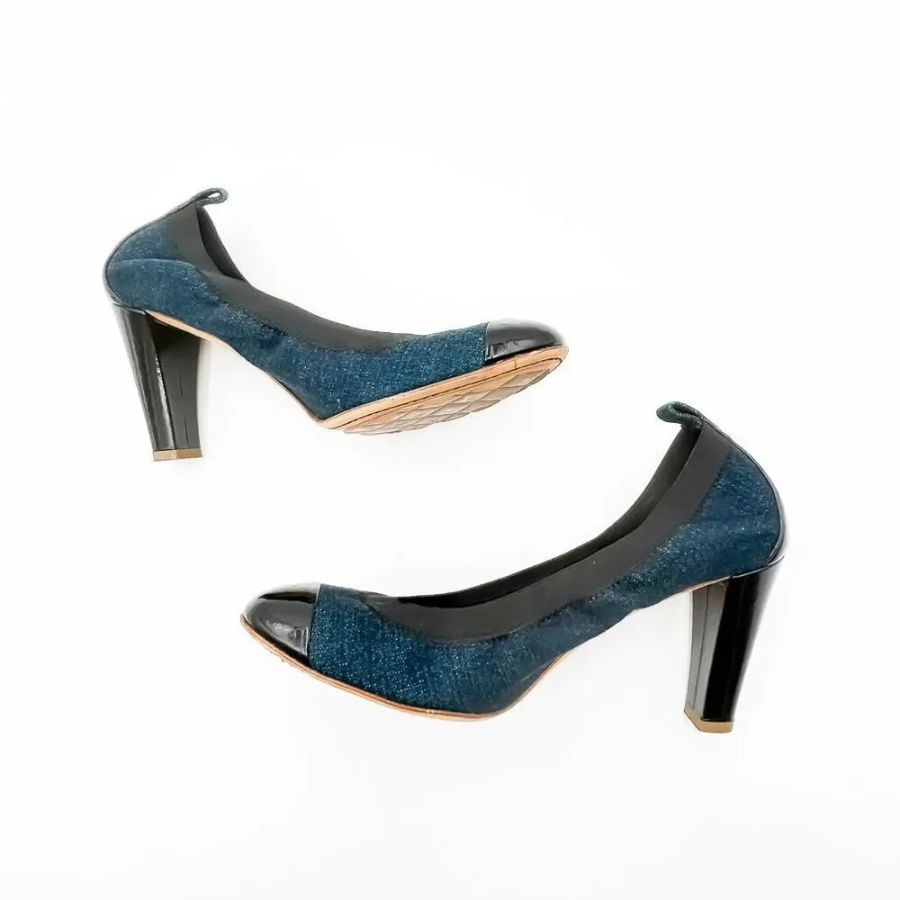 Chanel Elastic CC Logo Blue Denim Pumps High Heels Size 39 US 8-8.5